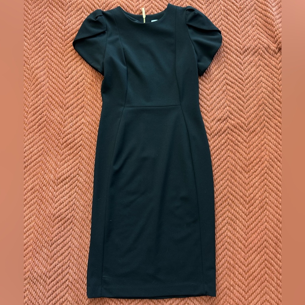 Calvin Klein Black Puff Sleeve Sheath Dress Size 4 | Gold Zip | Elegant Classic
